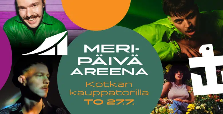 Meripäivä Areena torstai 27.7. kuvituskuva, jossa Arppa, Käärijä, Olavi Uusivirta ja Yeboyah